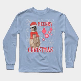 Merry Christmas (Meerry) - Meerkat in Christmas hat & scarf with snowflakes Long Sleeve T-Shirt